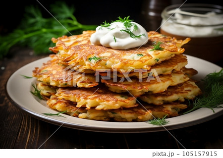 Potato pancakes draniki with herbs and sour cream Potato pancakes draniki with herbs and sour cream 105157915