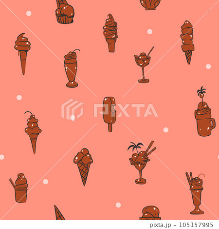 Hand drawn vector abstract graphic ice cream cone ,sundae line art illustrations seamless pattern.Ice cream dessert vector illustration design concept art. Sweet dessert cute doodle summer pattern. 105157995