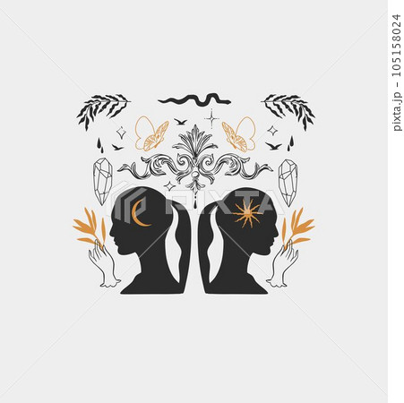Hand drawn vector abstract,graphic magic witch woman,moon,flowers and stars in minimalistic modern line art style illustration.Moon and star outline design concept.Celestial witch sacred boho female. 105158024