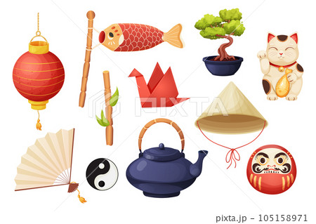 Japan set with traditional elements bonsai tree, koinobori flag, fun, maneki neko cat, origami crane and teapot with tea cups in cartoon style isolated on white background. 105158971