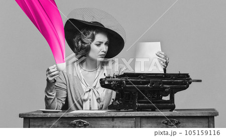 Black and white portrait of retro woman typing letter on retro typewriter with bright drawings. Contemporary art collage. Concept of vintage, eras comparison, ad 105159116