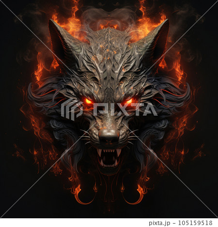 Image of angry a fox devil terrifying and flames on dark background. Wildlife Animals. Illustration, Generative AI. 105159518
