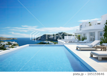 White Mediterranean Modern and luxury Hotel lounge building architecture design concept, summer villa house residence and private with swimming pool and sea view, resort, with Generative Ai. 105159646