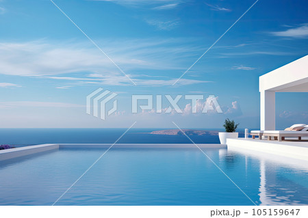 White Mediterranean Modern and luxury Hotel lounge building architecture design concept, summer villa house residence and private with swimming pool and sea view, resort, with Generative Ai. 105159647