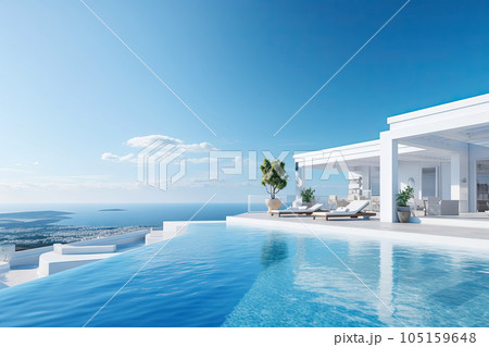 White Mediterranean Modern and luxury Hotel lounge building architecture design concept, summer villa house residence and private with swimming pool and sea view, resort, with Generative Ai. 105159648