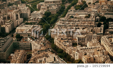 Typical view from above to roofs and streets in the city centre of Paris, France 105159694