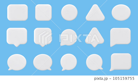 3D speech bubbles of different shapes. Empty Templates for web, apps. Blank chatting box, message box, speak bubble. 3D Vector Illustrations 105159755