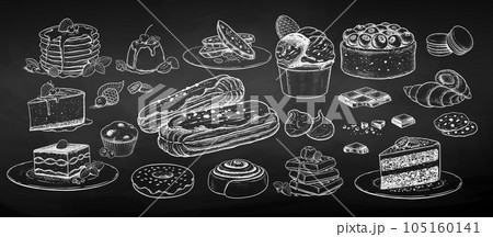 Set of desserts and bakery on chalkboard background 105160141