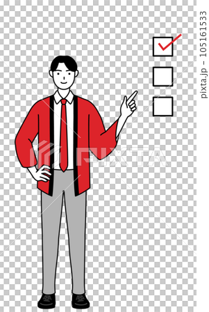 A male salesperson wearing a red happi coat pointing to a checklist A male salesperson wearing a red happi coat pointing to a checklist 105161533