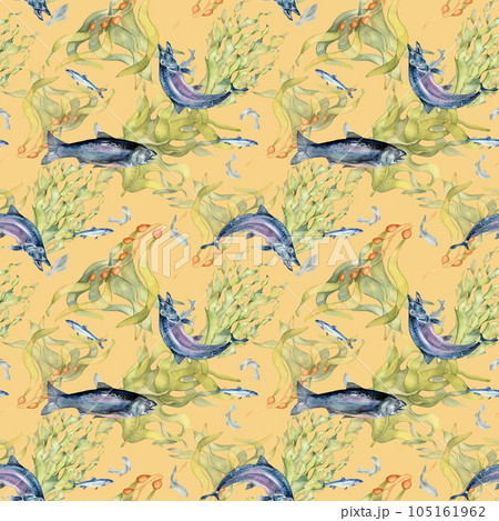 Seamless pattern of salmon and sea plants watercolor isolated on beige. Wild fish, seaweed, laminaria hand drawn. Design element for textile, packaging, paper, wrapping, background, fish market Seamless pattern of salmon and sea plants watercolor isolated on beige. Wild fish, seaweed, laminaria hand drawn. Design element for textile, packaging, paper, wrapping, background, fish market 105161962