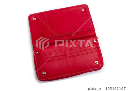 Open red leather wallet on a white background 105162167