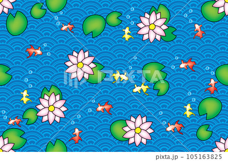 Illustration of goldfish with lotus and leaf on blue wave background. Illustration of goldfish with lotus and leaf on blue wave background. 105163825