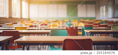 School classroom in blur background without young student. Blurry view of elementary class room no kid or teacher with chairs and tables in campus. Back to school concept 105164076