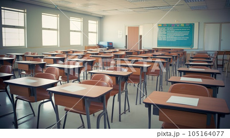 School classroom in blur background without young student. Blurry view of elementary class room no kid or teacher with chairs and tables in campus. Back to school concept 105164077