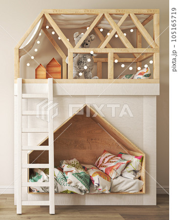 Light beige children room with natural wooden furniture, toys and bunk bed. Scandinavian style interior background. 3d rendering. High quality 3d illustration 105165719