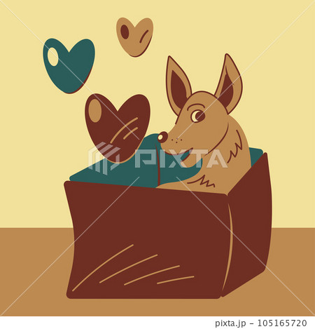 Dog in a box. Cute joyful dog peeks out of the box, hearts. Cartoon color vector illustration. 105165720