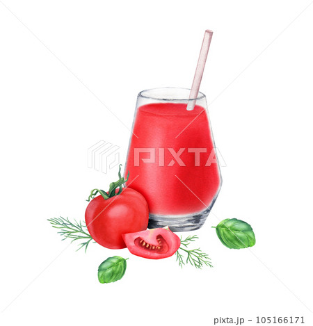 A composition with glass of tomato juice, tomatoes, basil and dill. Watercolor illustration isolated on white for clip art decor menu, label A composition with glass of tomato juice, tomatoes, basil and dill. Watercolor illustration isolated on white for clip art decor menu, label 105166171