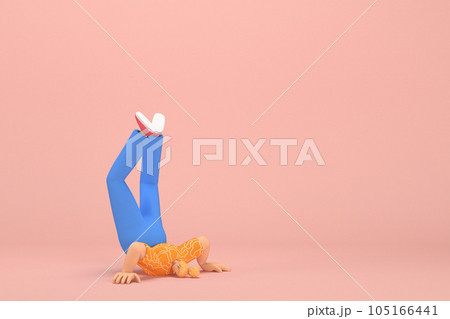 The woman with golden hair tied in a bun wearing blue corduroy pants and Orange T-shirt with white stripes.  She is doing exercise. 3d rendering of cartoon character in acting. 105166441