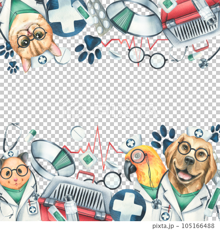 Veterinary set with doctors hamster, dog, cat, parrot, pet carrier, medicines. Watercolor illustration, hand drawn, for the design of clinics, hospitals, pharmacies. Template on a white background. 105166488