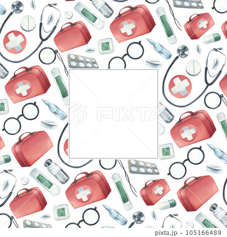 A kit of medical equipment with a red first aid bag. Watercolor illustration drawn by hand. Square template, a frame on a white background 105166489