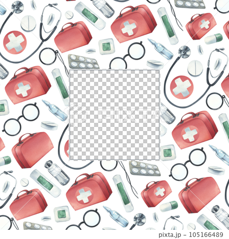 A kit of medical equipment with a red first aid bag. Watercolor illustration drawn by hand. Square template, a frame on a white background 105166489