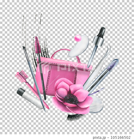 Cosmetic bag with creams, brushes and makeup products pink with flowers. Watercolor illustration, hand drawn, for a beauty salon, cosmetics manufacturersIsolated composition on a white background Cosmetic bag with creams, brushes and makeup products pink with flowers. Watercolor illustration, hand drawn, for a beauty salon, cosmetics manufacturersIsolated composition on a white background 105166502