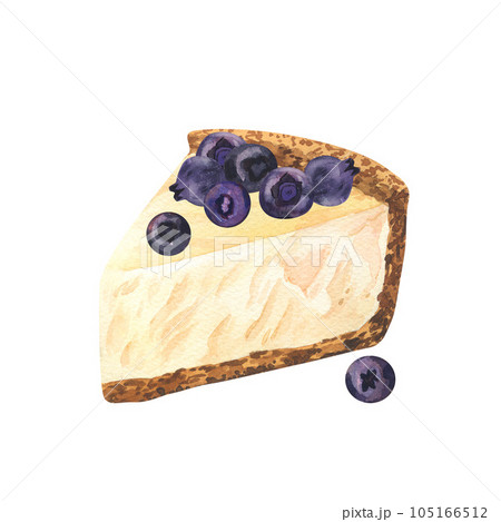 Watercolor dessert, piece of cheesecake with fresh blueberry. Hand-drawn illustration isolated on white background. Perfect food menu, food drawing, design packing, print 105166512