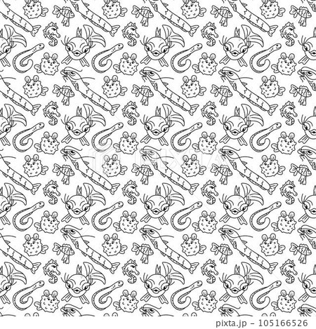 Fish pattern. Cute seamless pattern of 5 types of fish. Cartoon white and black vector illustration. 105166526