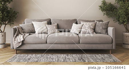 House interior livingroom with gray sofa, green plants and wooden floor. Horizontal banner panoramic background. 3d rendering. High quality 3d illustration House interior livingroom with gray sofa, green plants and wooden floor. Horizontal banner panoramic background. 3d rendering. High quality 3d illustration 105166641