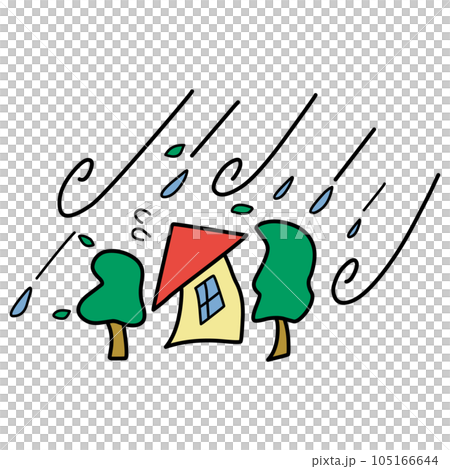 被颱風的雨和強風吹走的房屋和樹木的簡單插圖 105166644