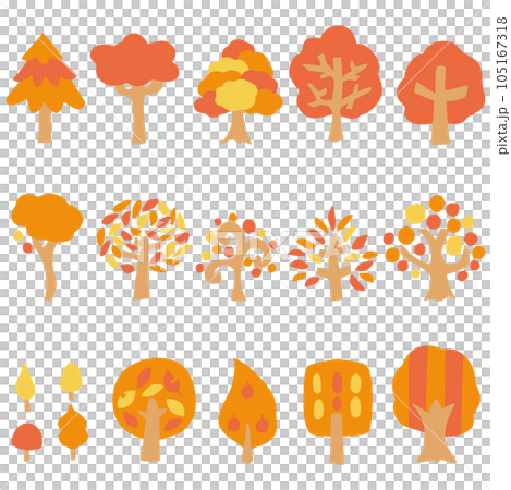 Illustration set of simple trees of various shapes with autumn leaves Illustration set of simple trees of various shapes with autumn leaves 105167318