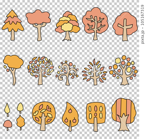Illustration set of simple trees of various shapes with autumn leaves Illustration set of simple trees of various shapes with autumn leaves 105167319