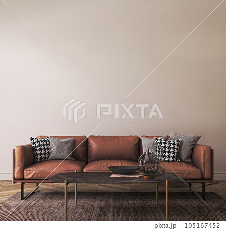 Light living room interior in loft with leather large sofa and decor. White wall mockup background. 3d rendering. High quality 3d illustration 105167452