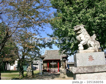 尾島町標(おじままちしるべ)｢雷電神社・雷電宮(2010.11)｣ 上手｢奉｣の狛犬。境内の木々本殿 105168056