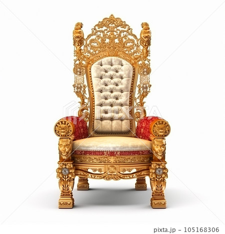 Antique retro throne chair for kings, decorated with carvings, velvet, gold, close-up isolated on white 105168306