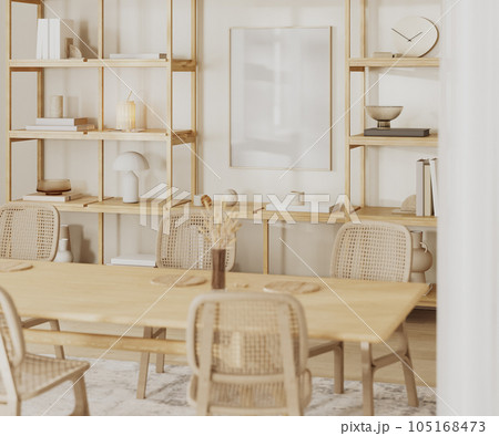 empty frame mock up on white wall with shelves with decor, dining table in living room interior, 3d rendering empty frame mock up on white wall with shelves with decor, dining table in living room interior, 3d rendering 105168473
