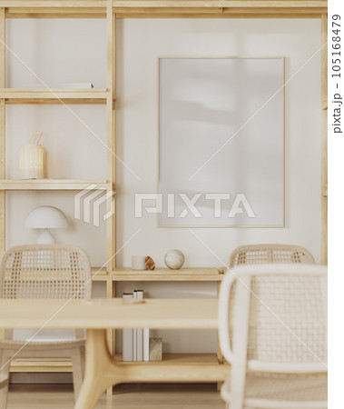 poster frame mock up in living room interior with cupboard with shelves with decor, dining table with chairs, 3d rendering poster frame mock up in living room interior with cupboard with shelves with decor, dining table with chairs, 3d rendering 105168479