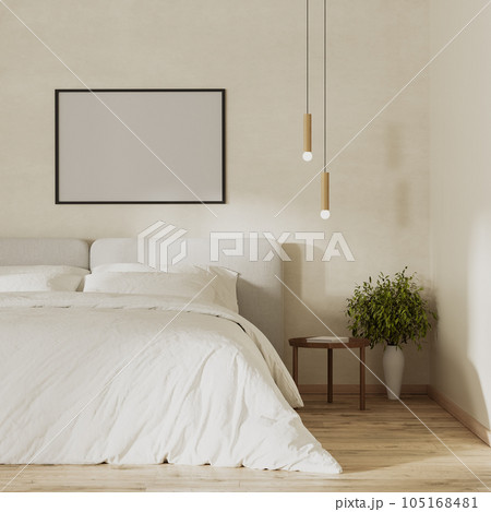 blank picture frame mock up above bed in modern bedroom interior, 3d render 105168481