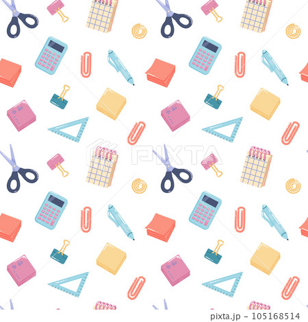 Back to school seamless pattern with supplies. Background with doodle vector multicolored elements. Back to school seamless pattern with supplies. Background with doodle vector multicolored elements. 105168514