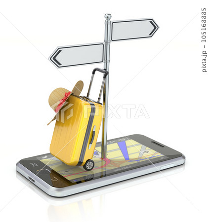 Travel concept with smartphone, yellow, case and abstract GPS map Travel concept with smartphone, yellow, case and abstract GPS map 105168885
