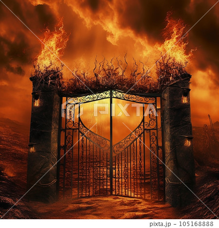 Gates to hell, high iron gates and huge hellish flames behind them, scary fantasy illustration, Gates to hell, high iron gates and huge hellish flames behind them, scary fantasy illustration, 105168888