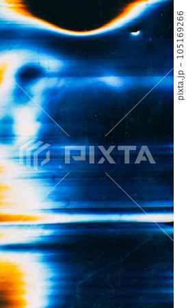 Glitch overlay. Light flare design. Distortion noise. Dark background with neon blue orange blurred smearing cover pattern free space. 105169266