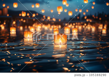 Paper lanterns float on dark water. Traditional Floating Lantern Festival, Memorial Day. Generative AI illustration 105169290