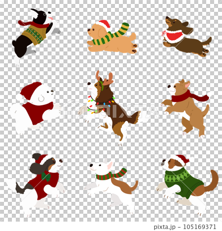 ジャンプするクリスマス仕様の可愛い犬のイラストセット　主線なし 105169371