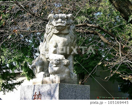 尾島町標(おじままちしるべ)｢雷電神社・雷電宮(2010.11)｣ 下手｢納｣の狛犬と境内の木々 105169445