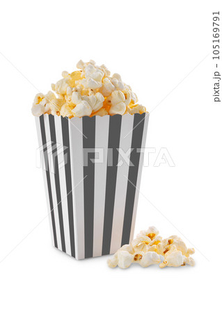 Black white striped carton bucket with tasty cheese popcorn, isolated on white background 105169791