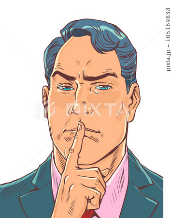 Secrets that cannot be told. The ethics of working for a large corporation. A man in a suit puts his palm to his mouth.. Pop Art Retro Secrets that cannot be told. The ethics of working for a large corporation. A man in a suit puts his palm to his mouth.. Pop Art Retro 105169838