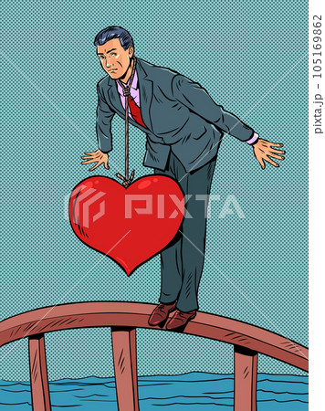 The shackles of romantic relationships. Reaching down due to marital problems. A man in a suit stands on a bridge and is pulled down by a heart on a noose. Pop Art Retro 105169862