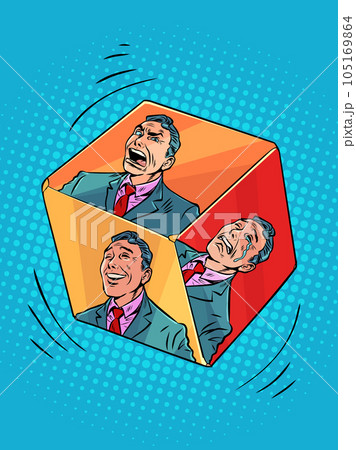 Human emotions depend on the case. Throw a life for us. A cube with faces in the form of different emotions of a man in a suit. Pop Art Retro 105169864
