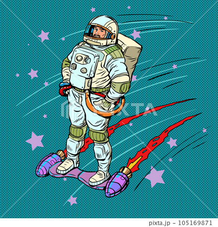 Incredible movement speed. The technologies of the future are getting closer. The astronaut moves through space on a jet board. Pop Art Retro 105169871